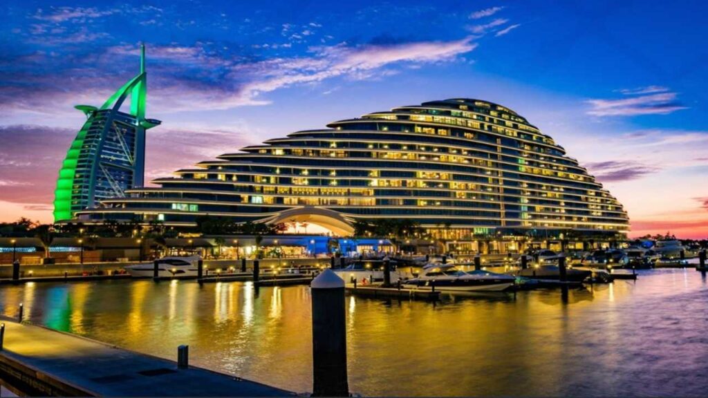The Burj Al Arab, a luxury hotel in Al Marsa, Dubai, UAE, features a distinctive sail-like design and stands on an artificial island.