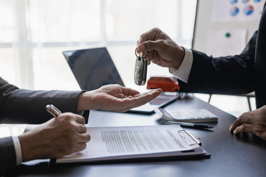 Two business men shaking hands above a document, representing a car rental deal in Dubai.