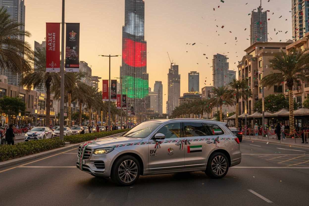 Decorated BV rental car driving through Dubai during UAE National Day with Burj Khalifa background