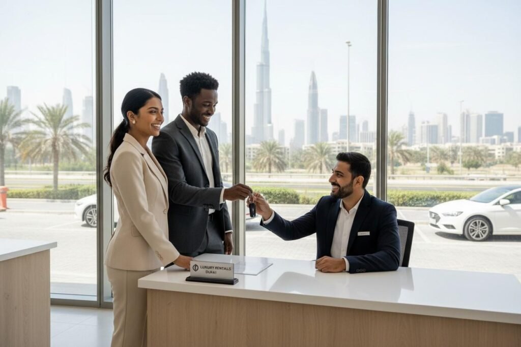 Young professional couple receiving car keys from a friendly rental agent in Dubai