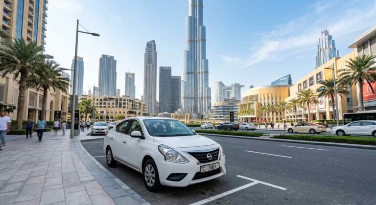 Cheap car rental Dubai economy sedan parked near Burj Khalifa