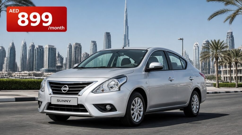 Monthly car rental cost in Dubai 2026 guide showing affordable economy car with Burj Khalifa background and pricing from AED 899 per month