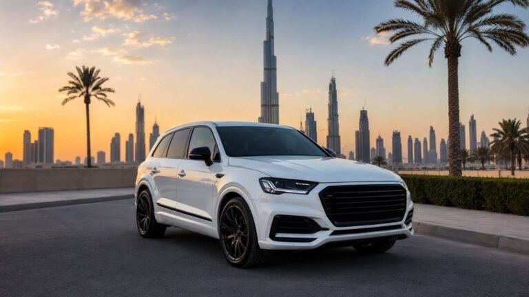 Rental car parked in front of the Dubai skyline at sunset