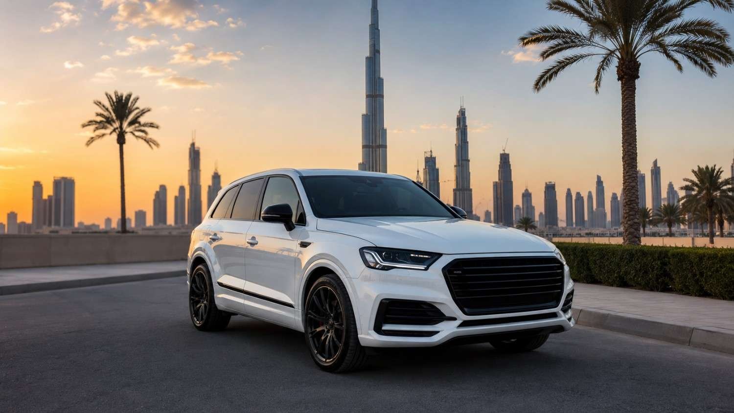 Rental car parked in front of the Dubai skyline at sunset