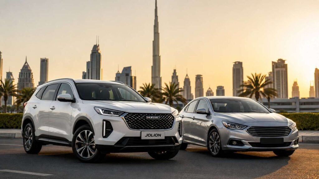 Long-term car rental vehicles parked in Dubai with the city skyline behind them