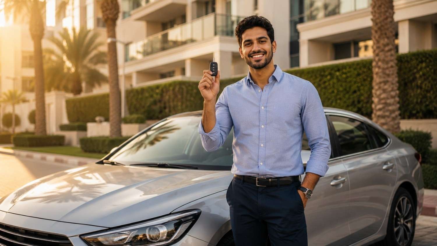 Person holding car keys beside their own car outside a Dubai apartment, symbolizing car ownership without a bank loan