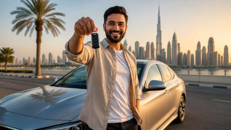 Man holding car keys beside his new car with Dubai skyline in the background