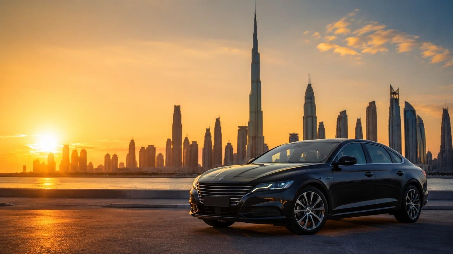 Car parked in front of Dubai skyline representing rent to own car plans in Dubai
