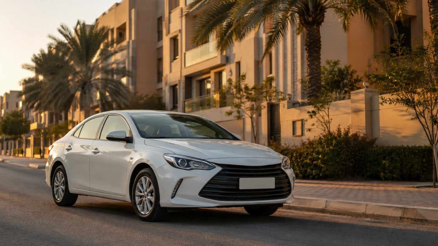 Rental car parked outside residential apartments in Al Barsha, Dubai