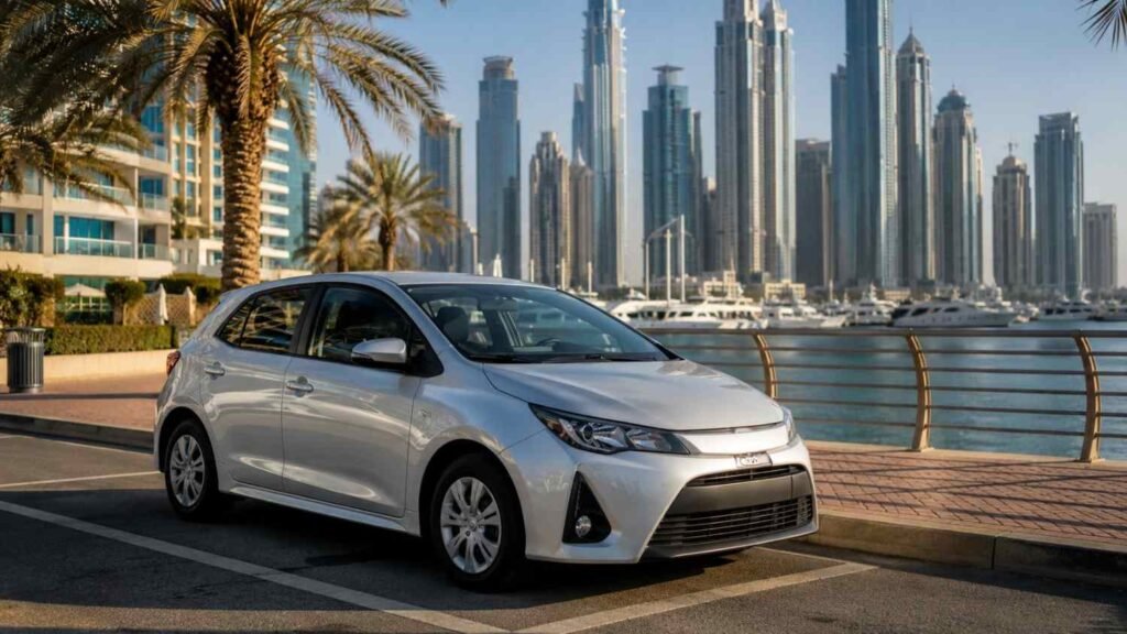 Rental car parked near the Dubai Marina waterfront with the skyline in the background