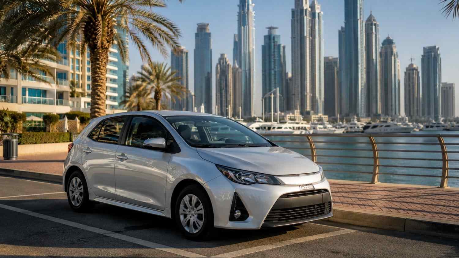 Rental car parked near the Dubai Marina waterfront with the skyline in the background