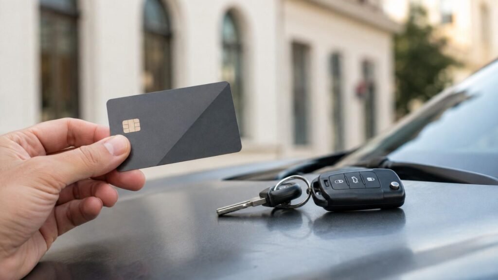 Hand holding a credit card next to car keys, representing a car rental deposit hold in Dubai