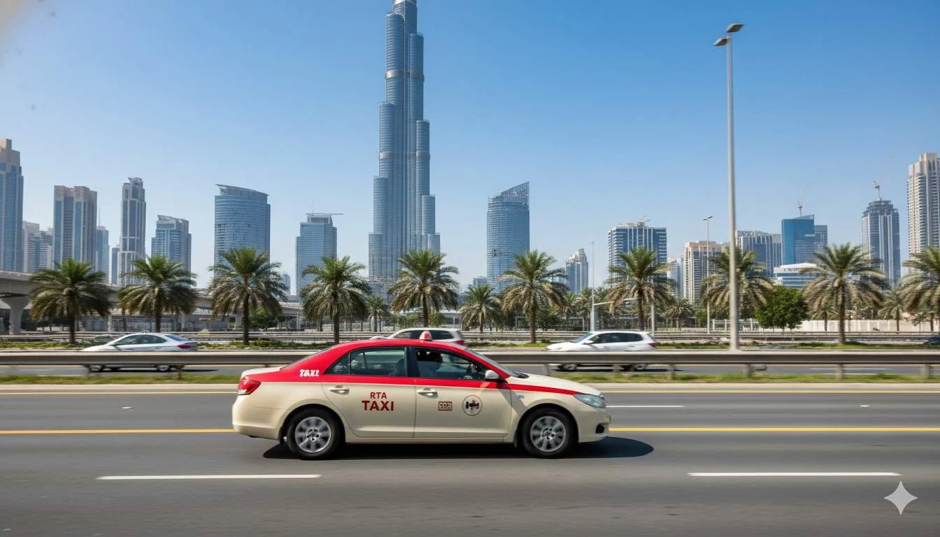 A colored taxi in Dubai front of Burj Khalifa