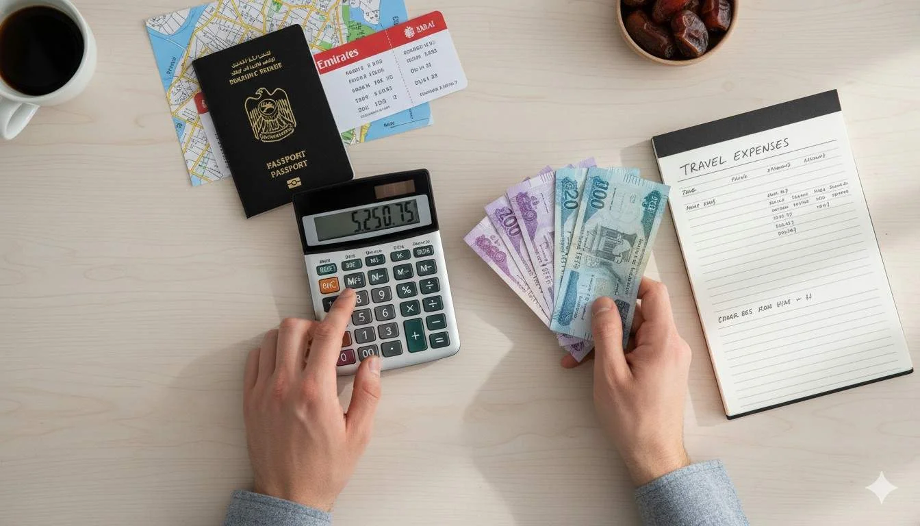hand using calculator for travel expense 
