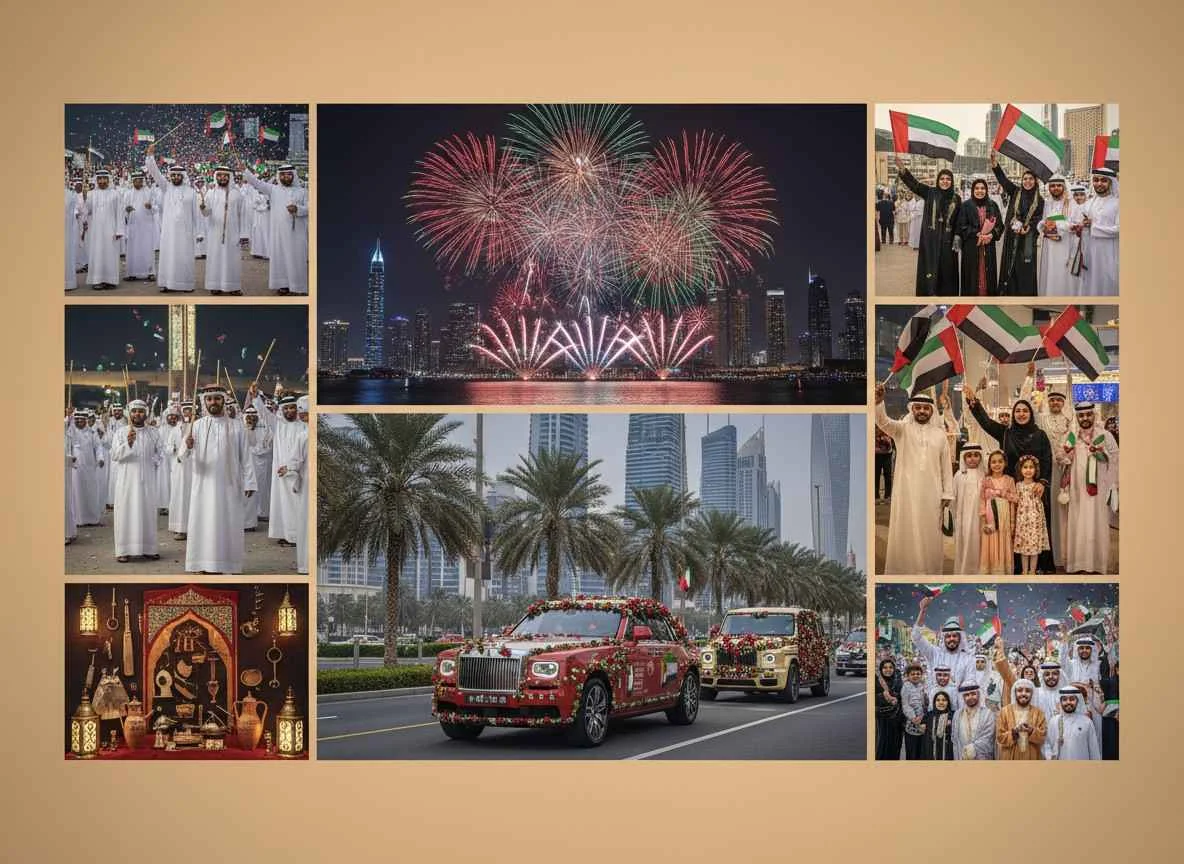 Traditional Emirati heritage celebration during National Day with modern rental cars