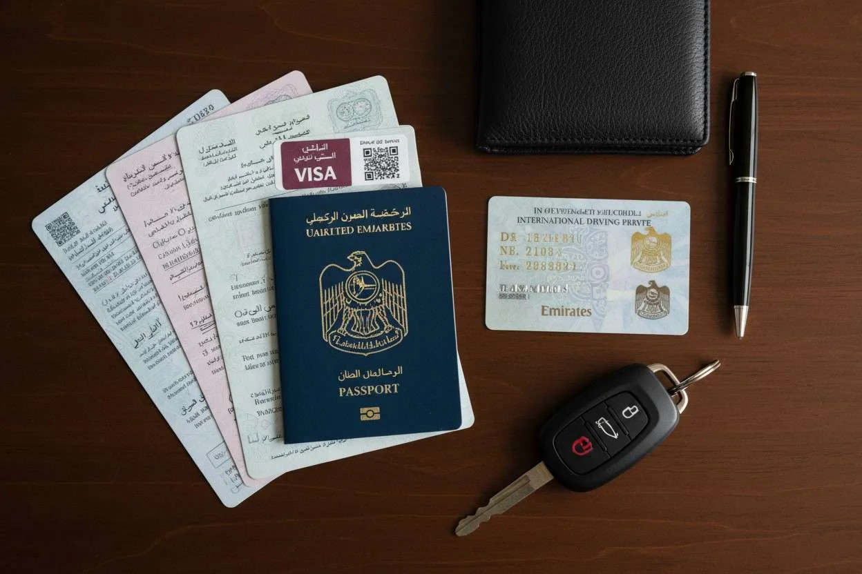 Flat lay of travel documents including UAE visa, passport, Emirates ID, international driving permit, and car keys arranged neatly on a dark wooden desk.