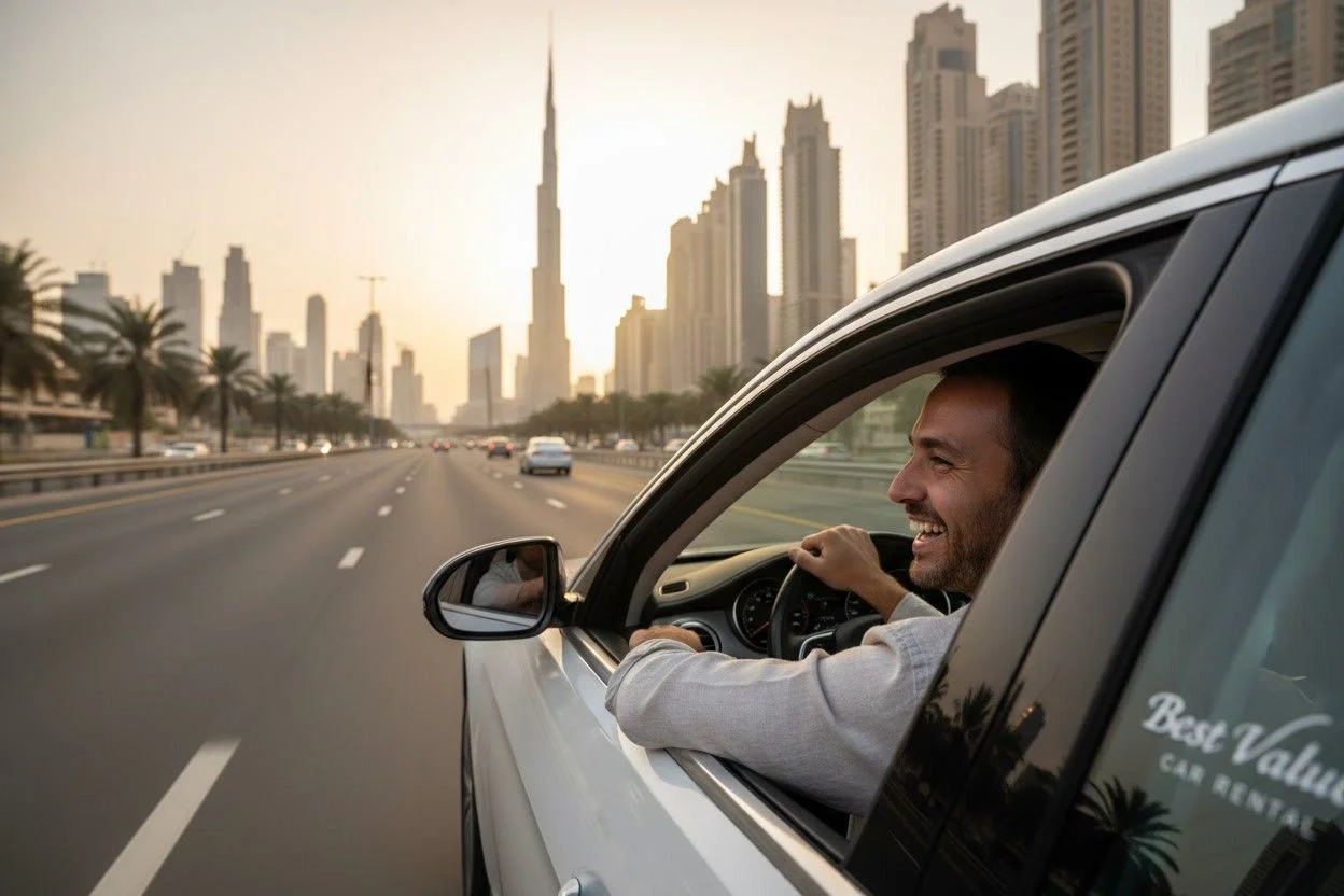Happy customer driving a rental car on Sheikh Zayed Road with the Dubai skyline in the background. View from the passenger side showing the driver smiling. Golden hour lighting.