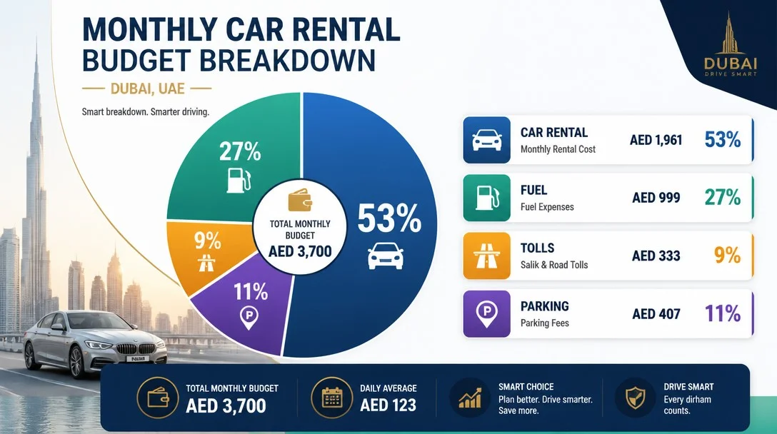 Monthly car rental budget breakdown in Dubai showing rental costs, fuel expenses, Salik tolls, and parking fees with percentages