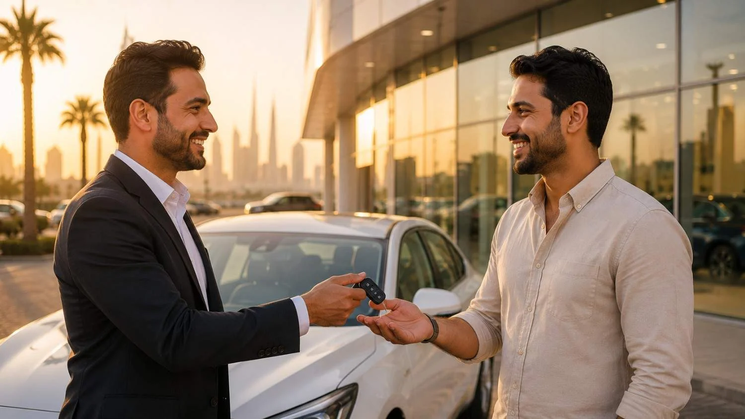 Car rental agent handing over keys to a smiling customer, representing BVCAR's Own a Car installment plan