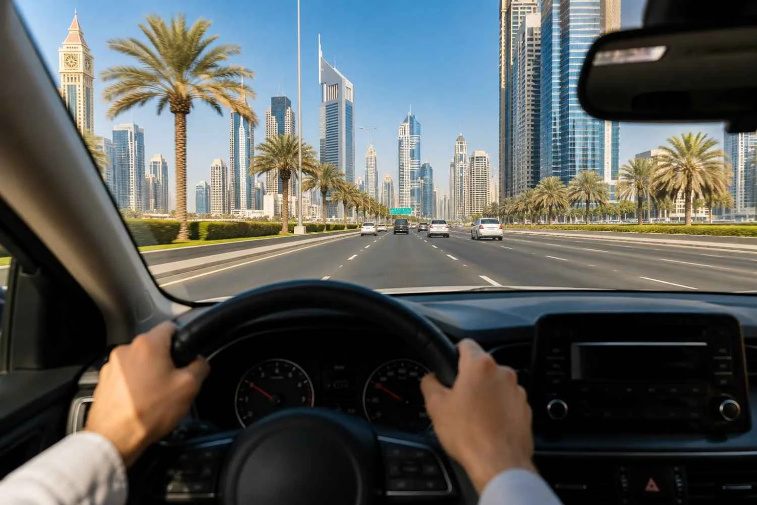 Driving a rental car along a highway in Dubai