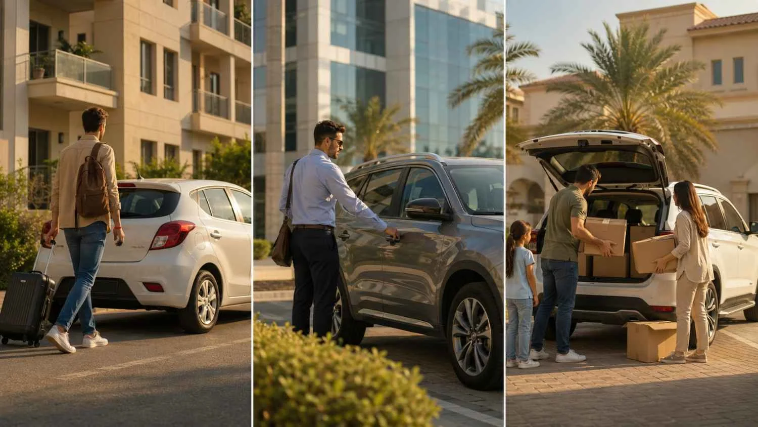 Three renter types matched to 3, 6, and 12-month car rental terms in Dubai