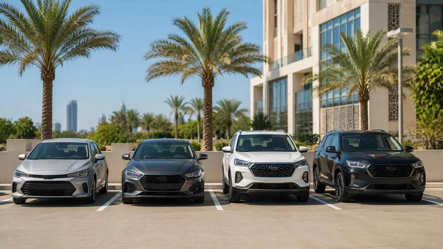 Row of sedans and SUVs parked side by side, representing the choice between owning and renting a car in Dubai