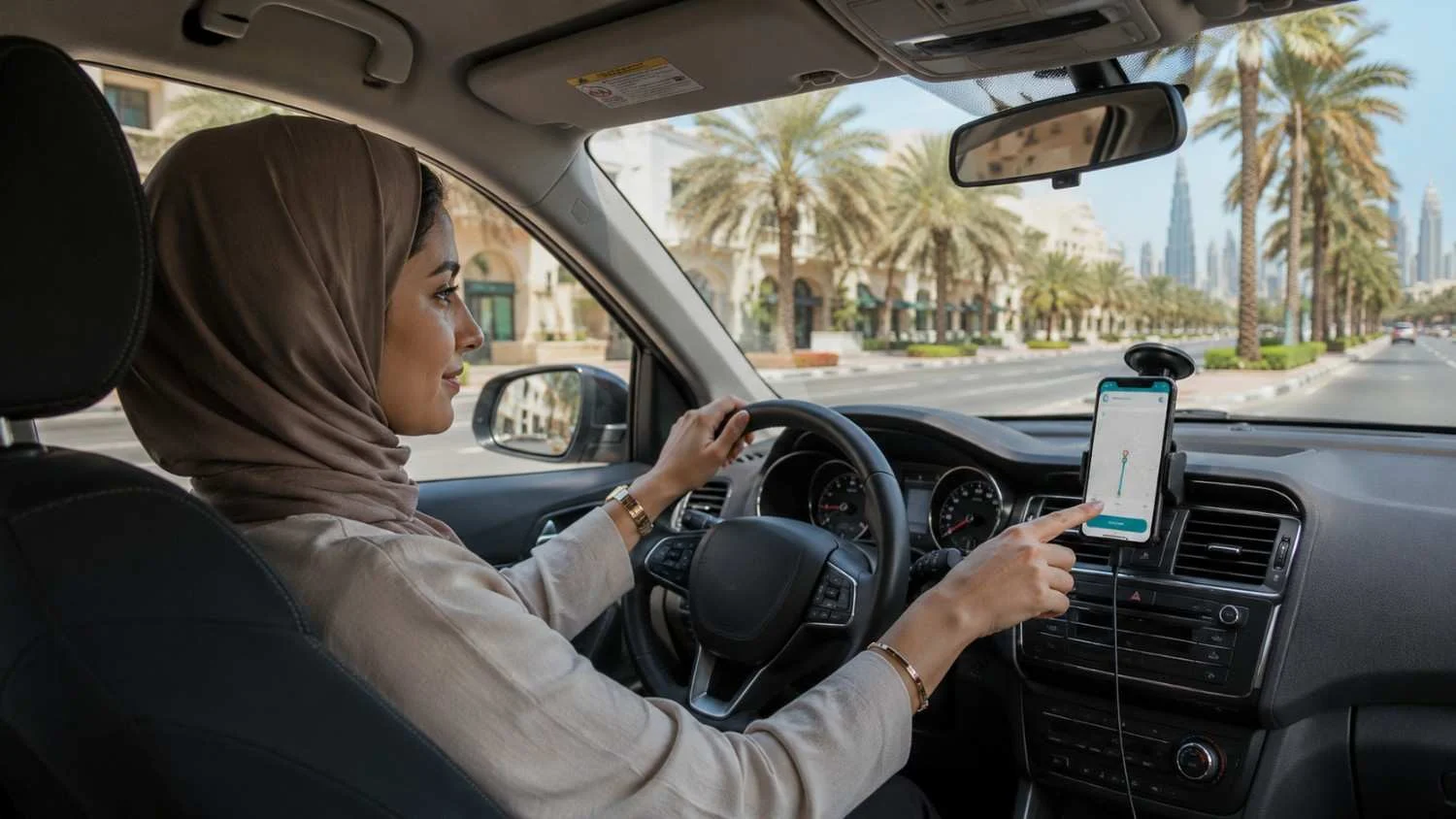Ride-hailing driver sitting in his own car with a navigation app open on the dashboard in Dubai