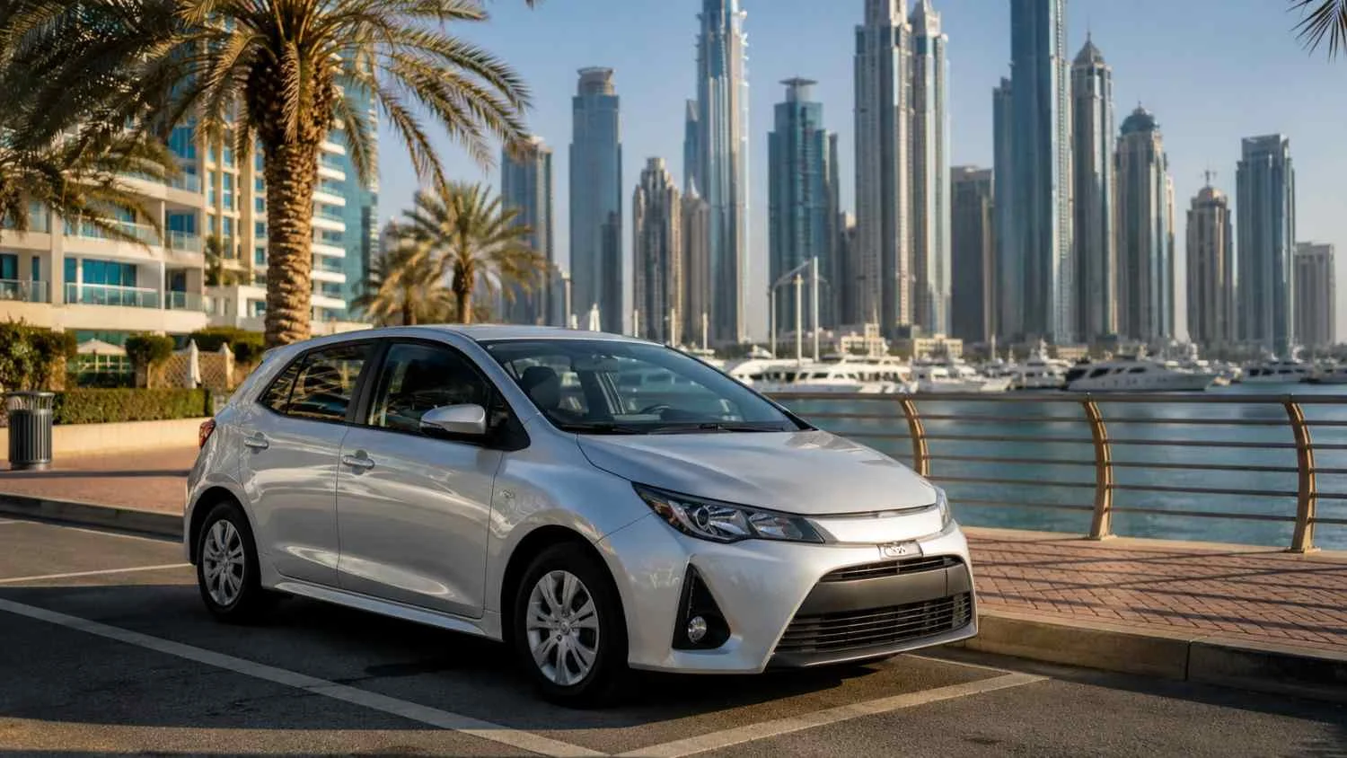 Rental car parked near the Dubai Marina waterfront with the skyline in the background